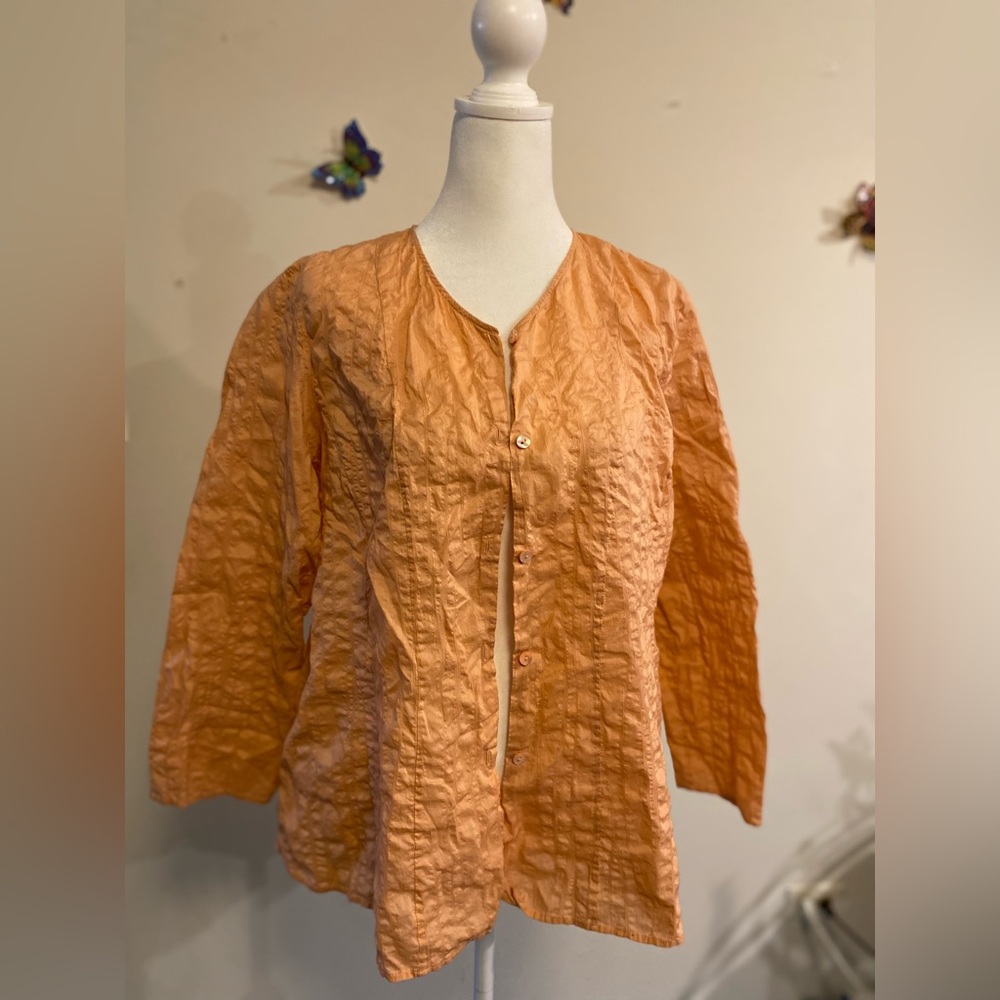 Eileen Fisher Seersucker Apricot Blouse with 3/4 sleeves, textured cotton size L